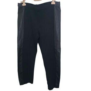 St. John Black Knit Pants Leather Panel Trim Elastic Waist Size 16 Made In USA